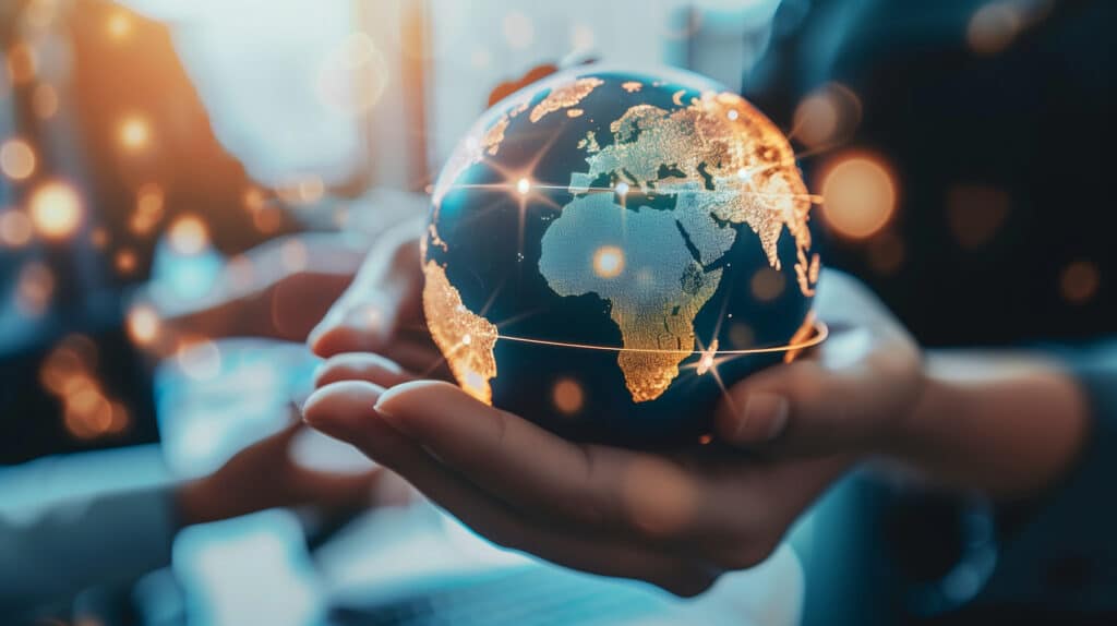 Hands holding a glowing Earth globe