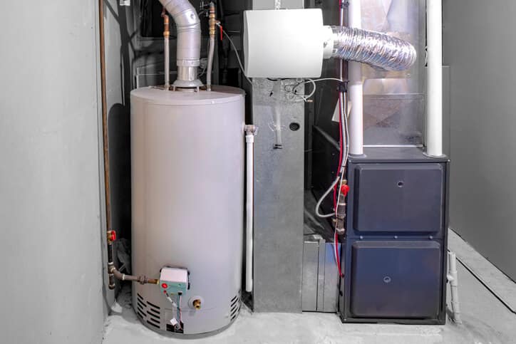 A home high efficiency furnace with a residential gas water heater.