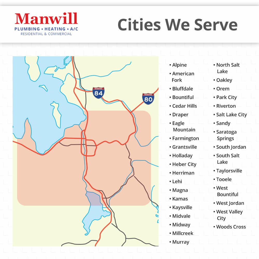 A map with service areas highlighted for Manwill's Utah plumbers. If you need plumbing in Utah, reach out to us today.