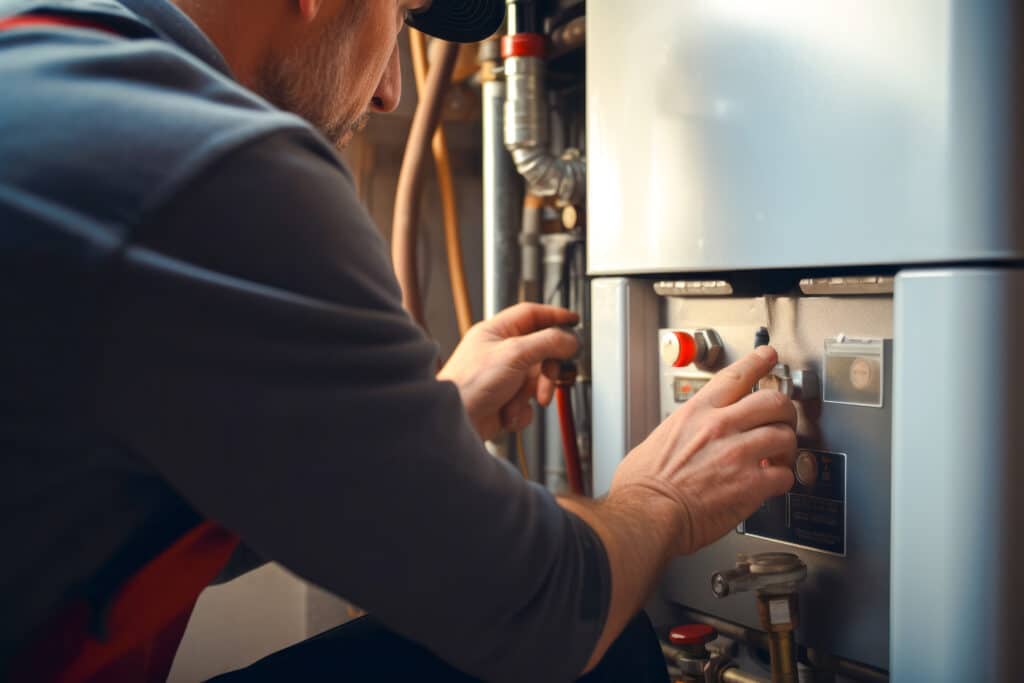 HVAC professional performing heating repairs on a furnace to provide peace of mind to Utah residents before the cold winter