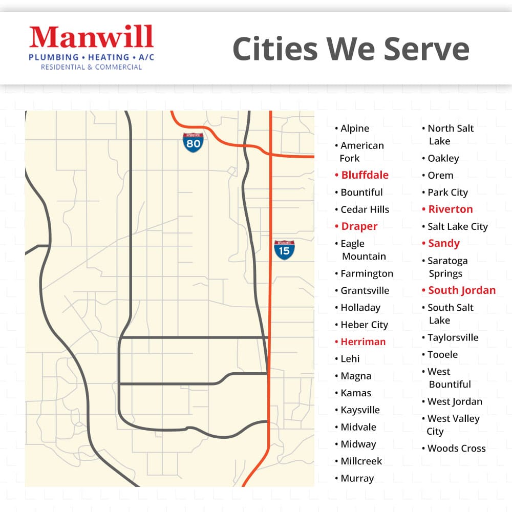 A map of South Jordan, Utah displaying the service areas for Manwill, an HVAC company specializing in plumbing services, heating services, and A/C services.