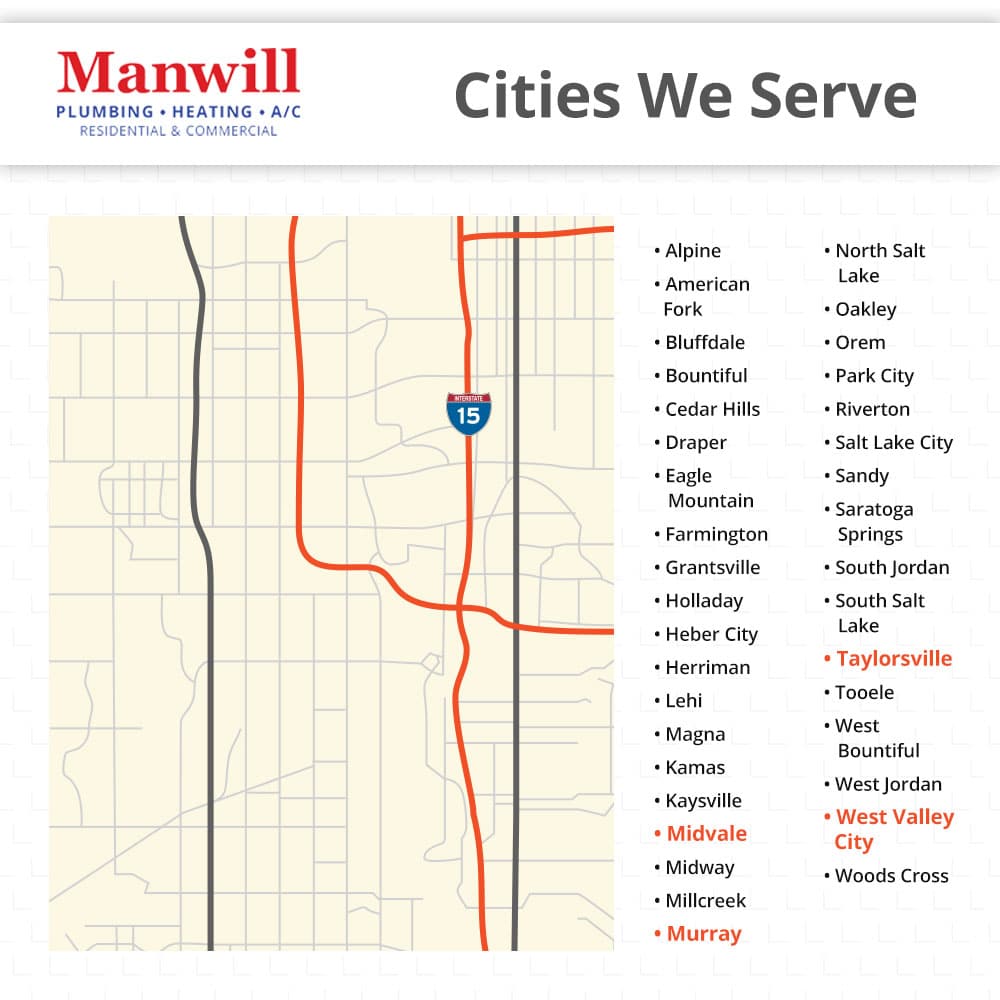 A map of Taylorsville Utah displaying the service areas for Manwill, an HVAC company specializing in plumbing services, heating services, and A/C services.