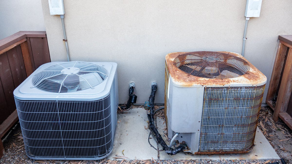 New air-conditioning unit installed beside an older rusted outdoor condenser
