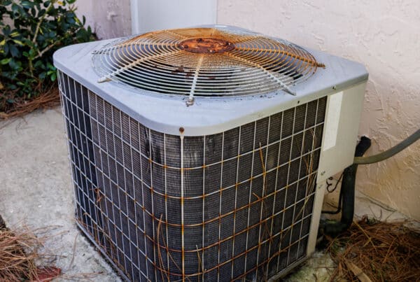 Older outdoor AC unit with visible rust and debris around the condenser fan.