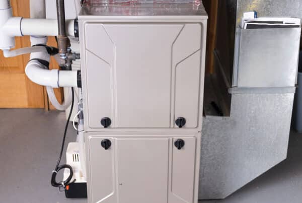 Residential gas furnace connected to ductwork in a utility room.